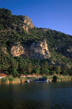 Dalyan river and tombs in rock-face above